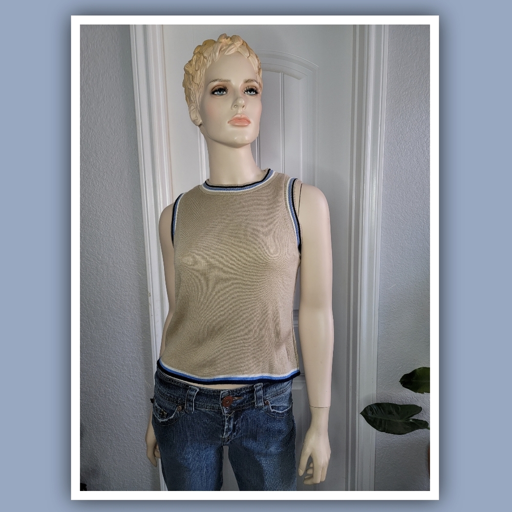 vintage 'brand new' sleeveless pullover sweater vest beige & blue stripe…